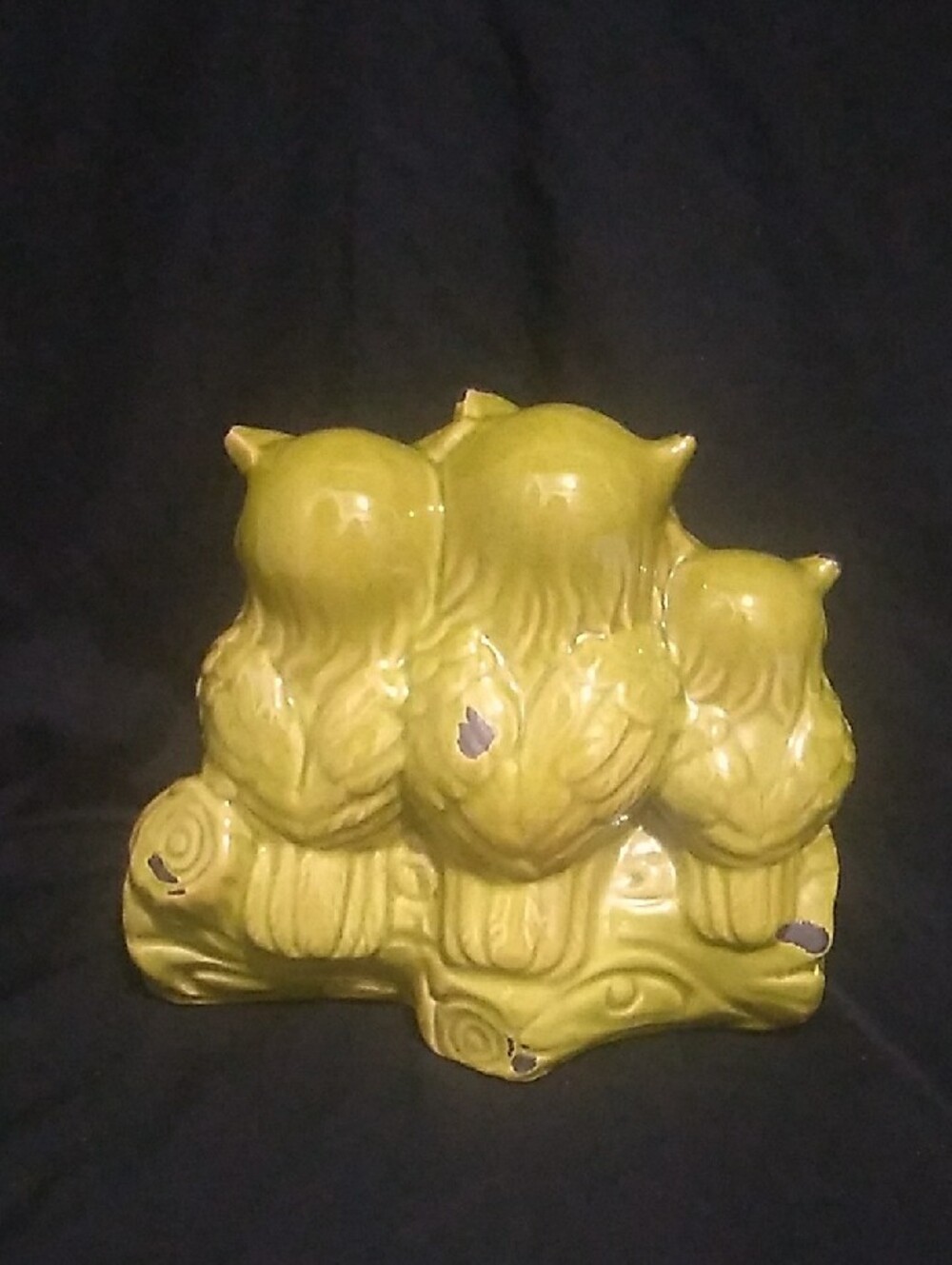 Vintage Ceramic Trio of Owls Green Glaze Figurine (B7) - Picture 4 of 11